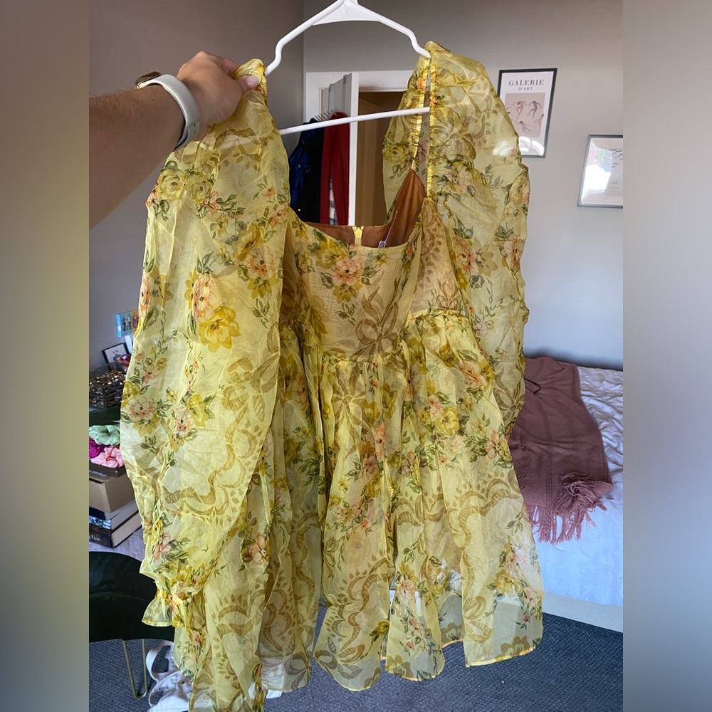 Selkie Yellow Floral Mini Puff Dress - Picture 3 of 6